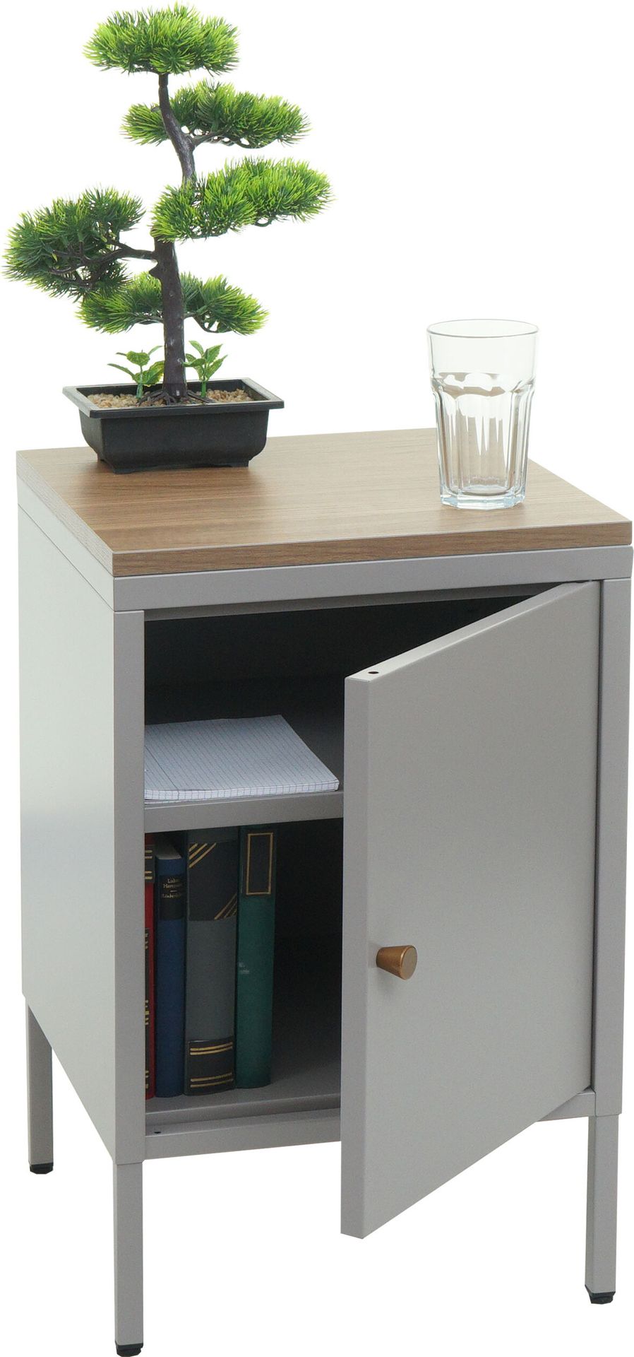Stolik nocny HWC-L84, szafka nocna komoda stolik nocny szafka, metal 63x40x40cm, pokryty melaminą ~ szary