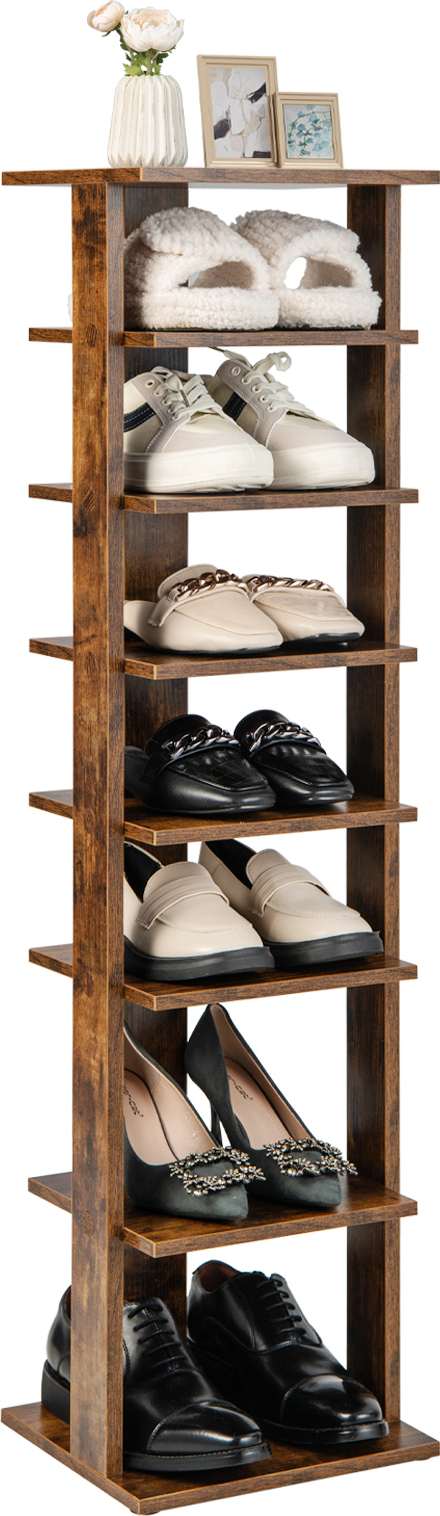 Drewniany stojak na buty COSTWAY, 8-poziomowy stojak na buty, pionowy organizer na buty, wolnostojący stojak do przechowywania, stojak narożny do domu (brązowy)