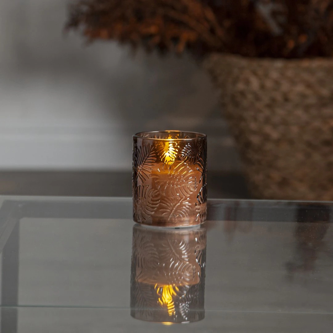 Świeca Led szklana woskowa FLAMME LEAF brązowa 10cm