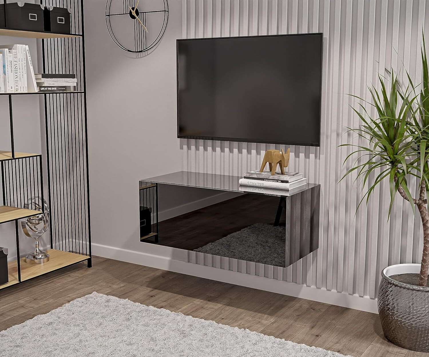 Szafka RTV Czarna Wysoki Połysk - 90 x 40 x 35 cm - Szafka Wisząca pod Telewizor - Półka RTV - Lowboard - Meble Do Salonu - Push-to-Open-System