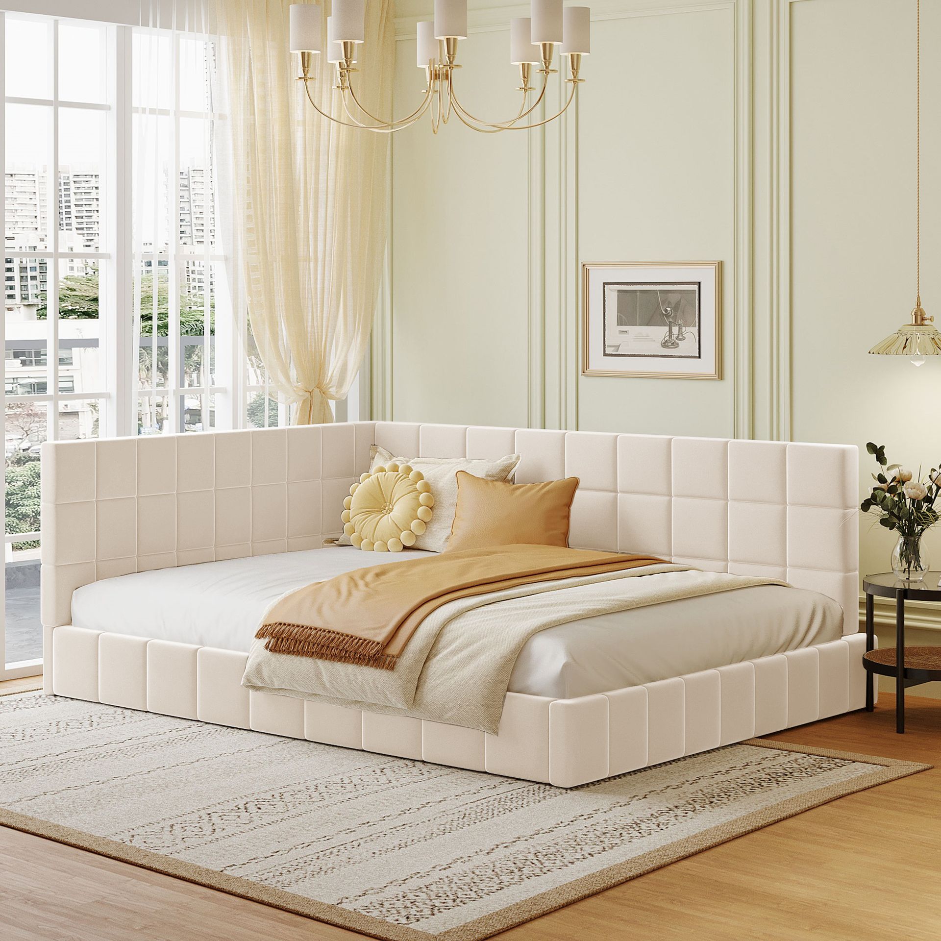 Łóżko tapicerowane Merax 140x200cm z listwowym stelażem i aksamitnym obiciem, łóżko dzienne, rozkładana sofa, funkcjonalne łóżko dwuosobowe, beżowe