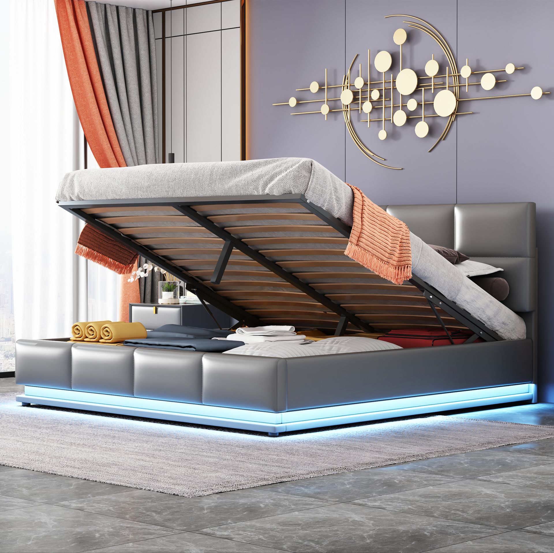 Łóżko tapicerowane Flieks z LED, łóżko na sprężynach hydraulicznych 160x200cm z listwami i schowkiem, łóżko podwójne drewniane łóżko młodzieżowe imitacja skóry , szare