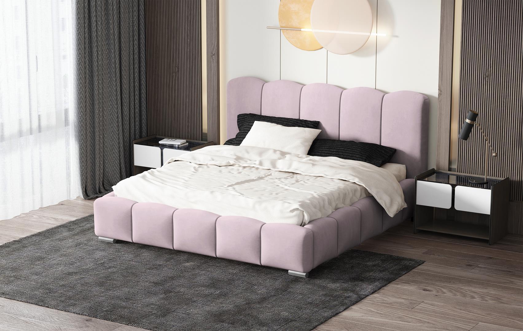 GUTTO Łóżko tapicerowane różowe 120x200 z pojemnikiem na łóżko i schowkiem, metalowa rama z listew