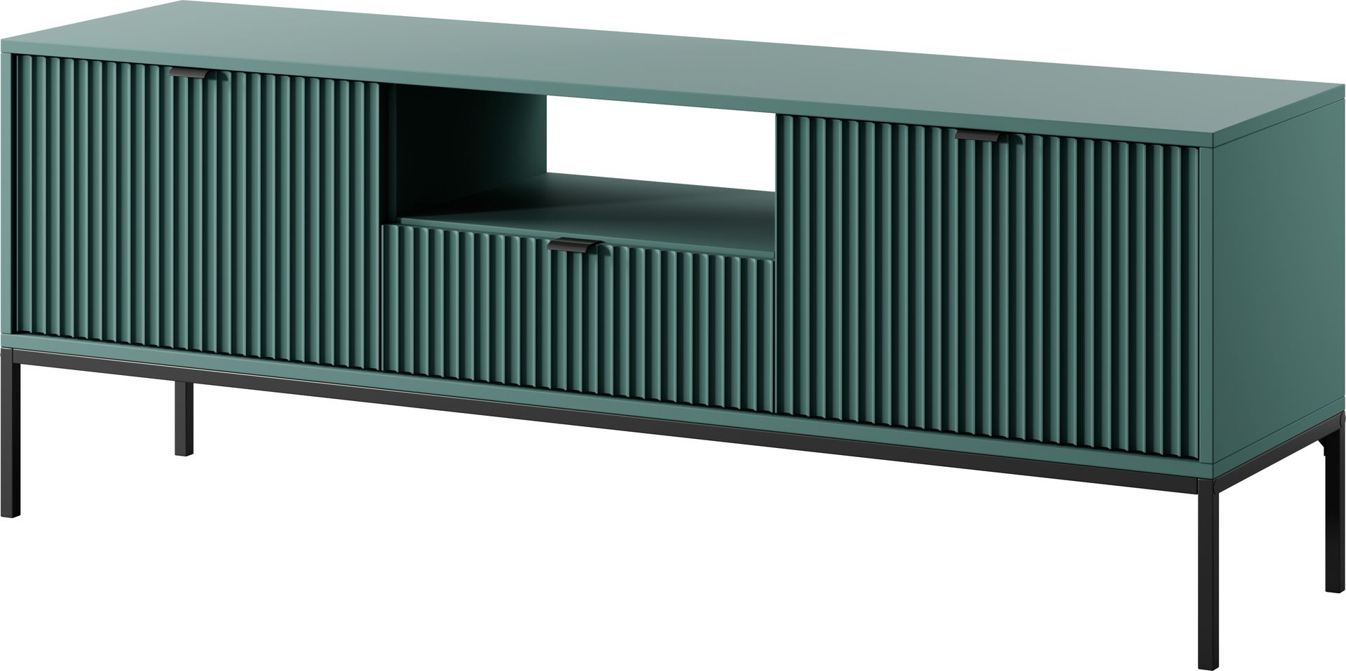 BETTSO Ryflowana szafka RTV Stolik telewizyjny Czarne uchwyty dwudrzwiowa z szufladą NOVA 154 cm Zielony na czarnych nogach