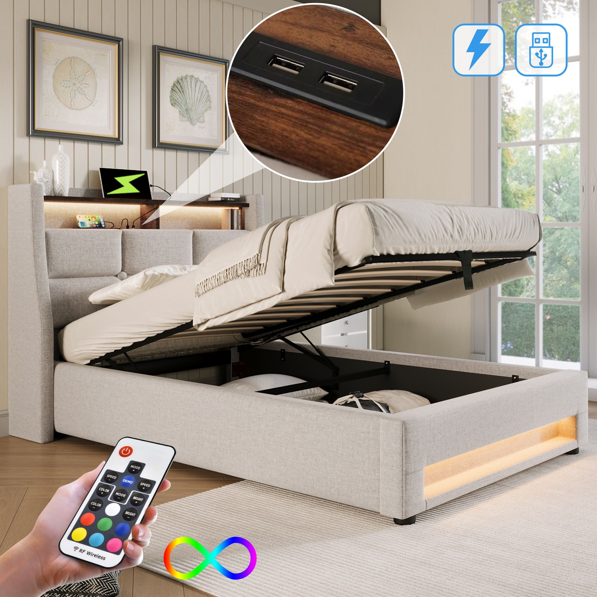 Łóżko tapicerowane Flieks 90x200cm z USB, łóżko młodzieżowe pojedyncze z listwowym stelażem i schowkiem, łóżko do przechowywania z LED, pościel, beżowe