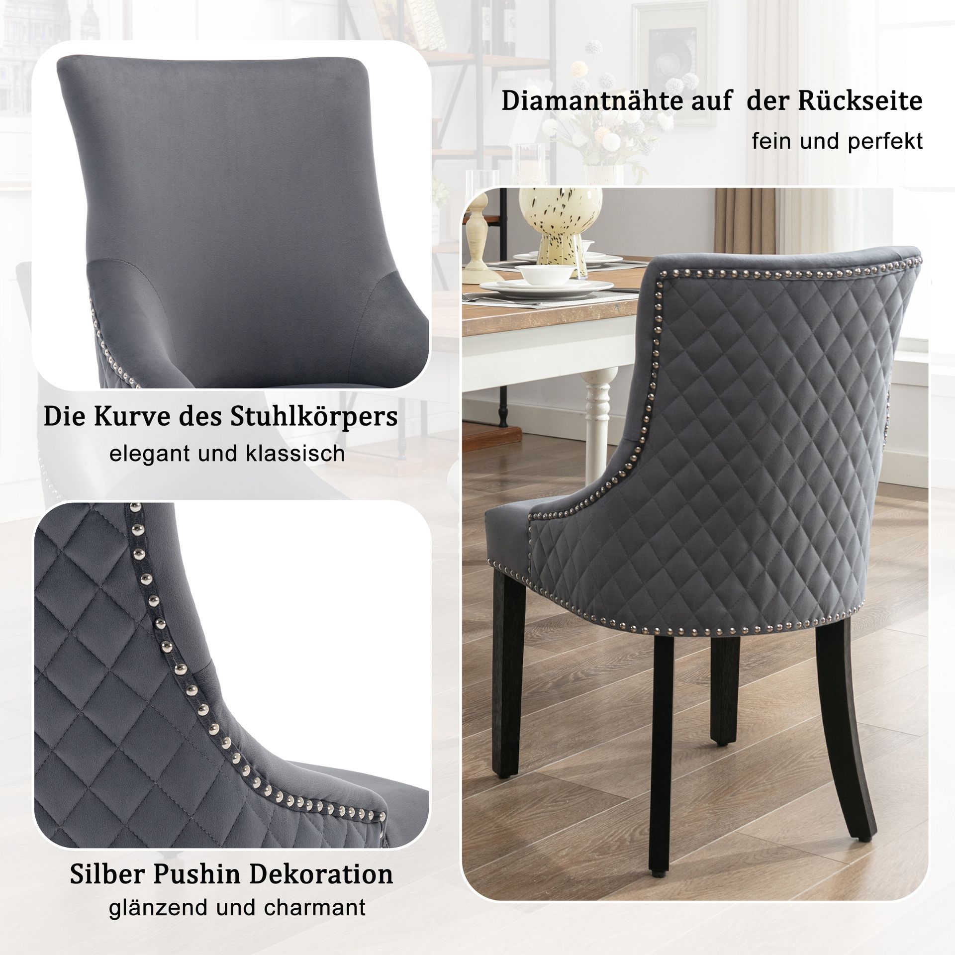 Zestaw 6 krzeseł do jadalni Flieks, krzesła kuchenne z nogami z litego drewna, tapicerowane krzesło do jadalni z oparciem, krzesło z aksamitnym obiciem, szare