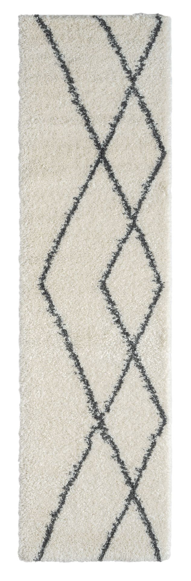 Dywan MY-RUG, dywan z wysokim włosiem Shaggy Luxe, 300x80, skandynawski wzór w romby, biało-szary, wyjątkowo puszysty, bieżnik