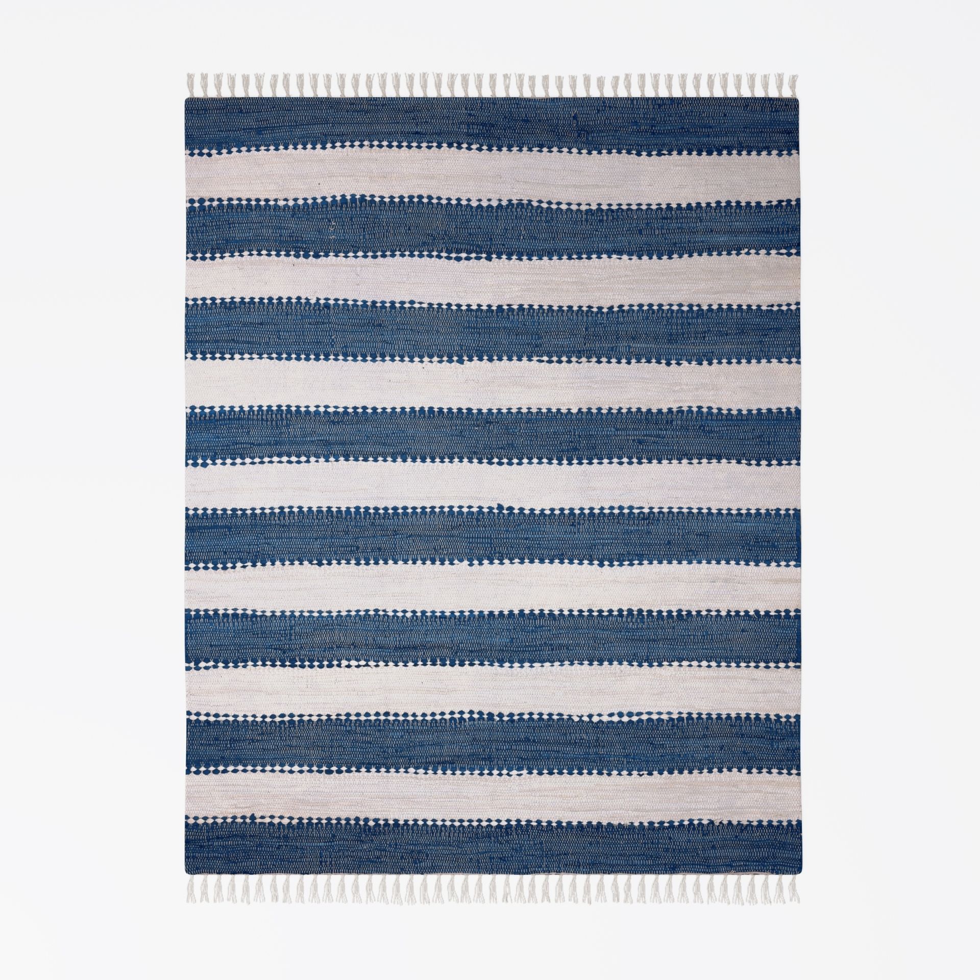 Dywan patchworkowy MY-RUG, Aarav, 230x160, dywan Chindi niebiesko-biały, wykonany z resztek bawełny z recyklingu, ręcznie tkany, dwustronny, z frędzlami, prostokątny