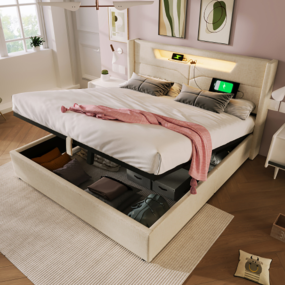 Łóżko tapicerowane Sweiko 140x200cm Łóżko podwójne LED z funkcją ładowania przez USB typu C, łóżko do przechowywania Rama łóżka wykonana z materiału lnianego Łóżko młodzieżowe (bez materaca)