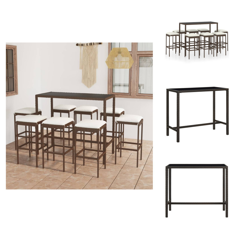 vidaXL 9-częściowy ogrodowy zestaw barowy z poduszkami z polirattanu brązowy - Zestawy mebli ogrodowych