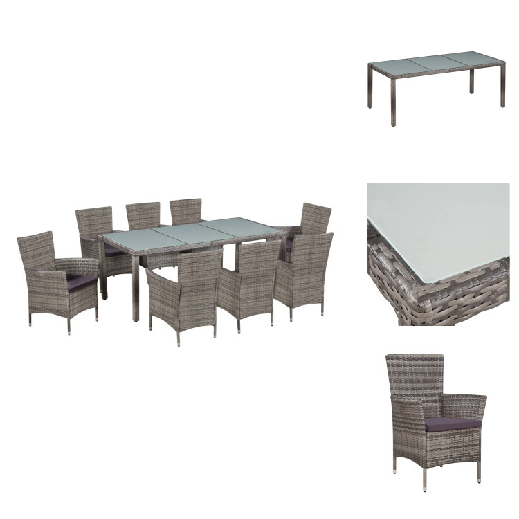 vidaXL 9-częściowy ogrodowy zestaw jadalniany z poduszkami z szarego rattanu - Zestawy mebli ogrodowych