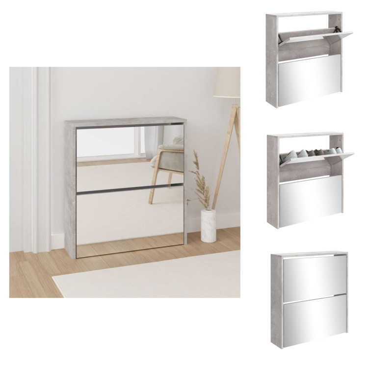 vidaXL Szafka na buty z lustrem 2 przegrody beton szary 63x17x67 cm - Półki i szafki na buty