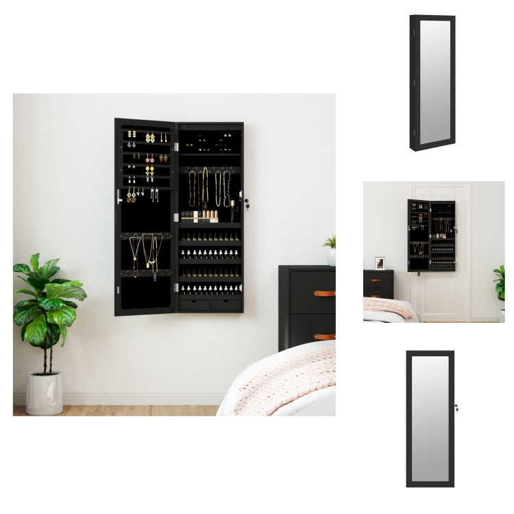 vidaXL Lustrzana szafka na biżuterię z oświetleniem LED do montażu na ścianie, czarna - Lustro