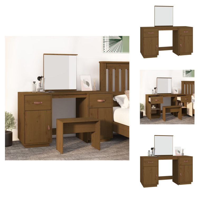 vidaXL Toaletka z lustrem miodowy brąz z litego drewna sosnowego - Toaletki