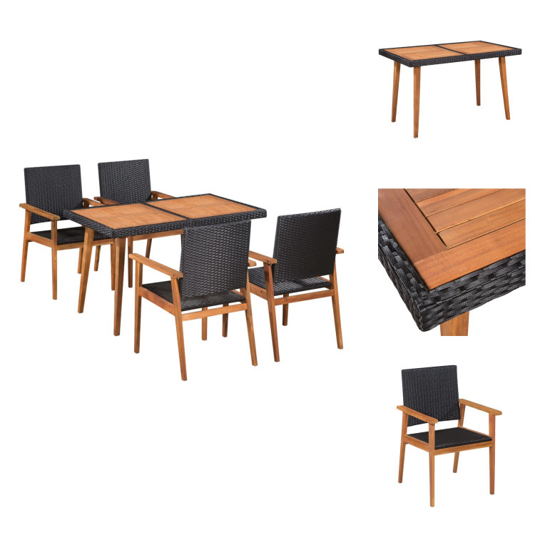 vidaXL 5-częściowy ogrodowy zestaw jadalniany z czarnego i brązowego rattanu - Zestawy mebli ogrodowych