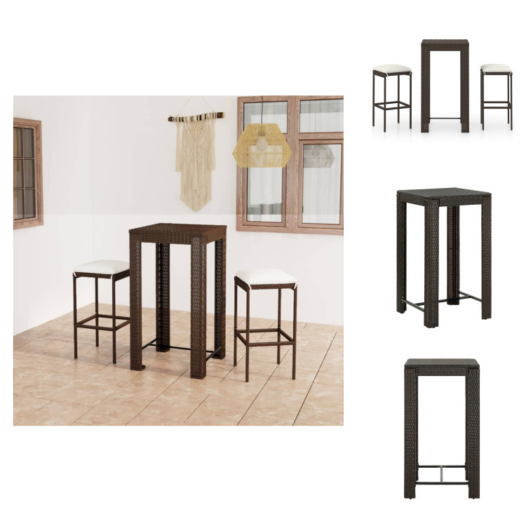 vidaXL 3-częściowy ogrodowy zestaw barowy z poduszkami z polirattanu brązowy - Zestawy mebli ogrodowych