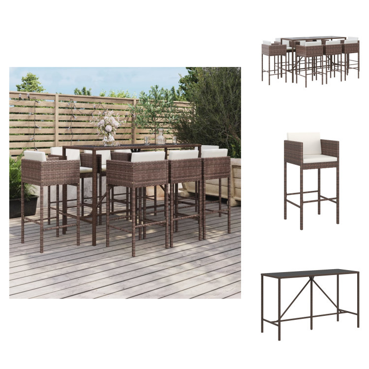 vidaXL 9-częściowy ogrodowy zestaw barowy z poduszkami z brązowego polirattanu - Zestawy mebli ogrodowych