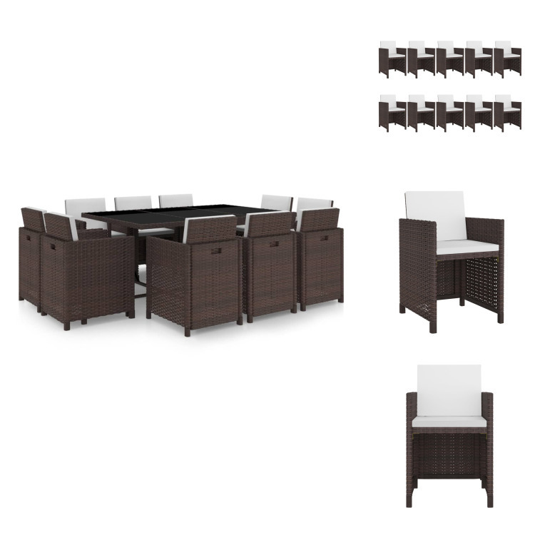 vidaXL 11-częściowy ogrodowy zestaw jadalniany z poduszkami z polirattanu brązowy - Zestawy mebli ogrodowych