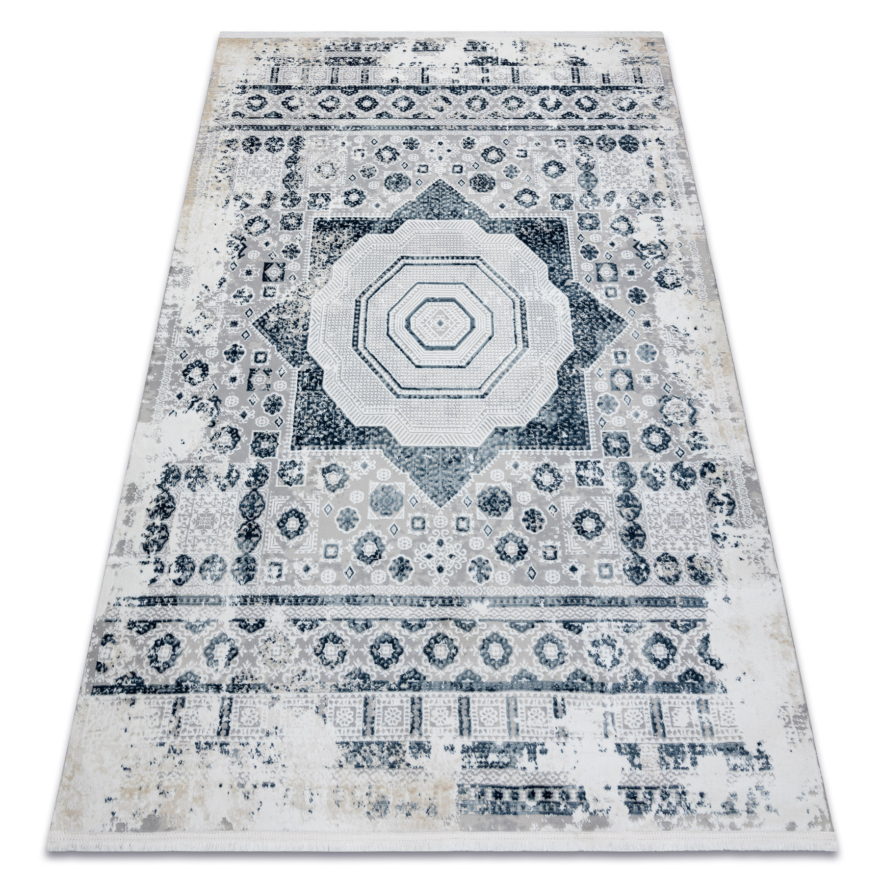 Dywan DUKE 51542 krem / - Rozeta vintage, strukturalny, bardzo miękki, frędzle niebieski 160x220 cm
