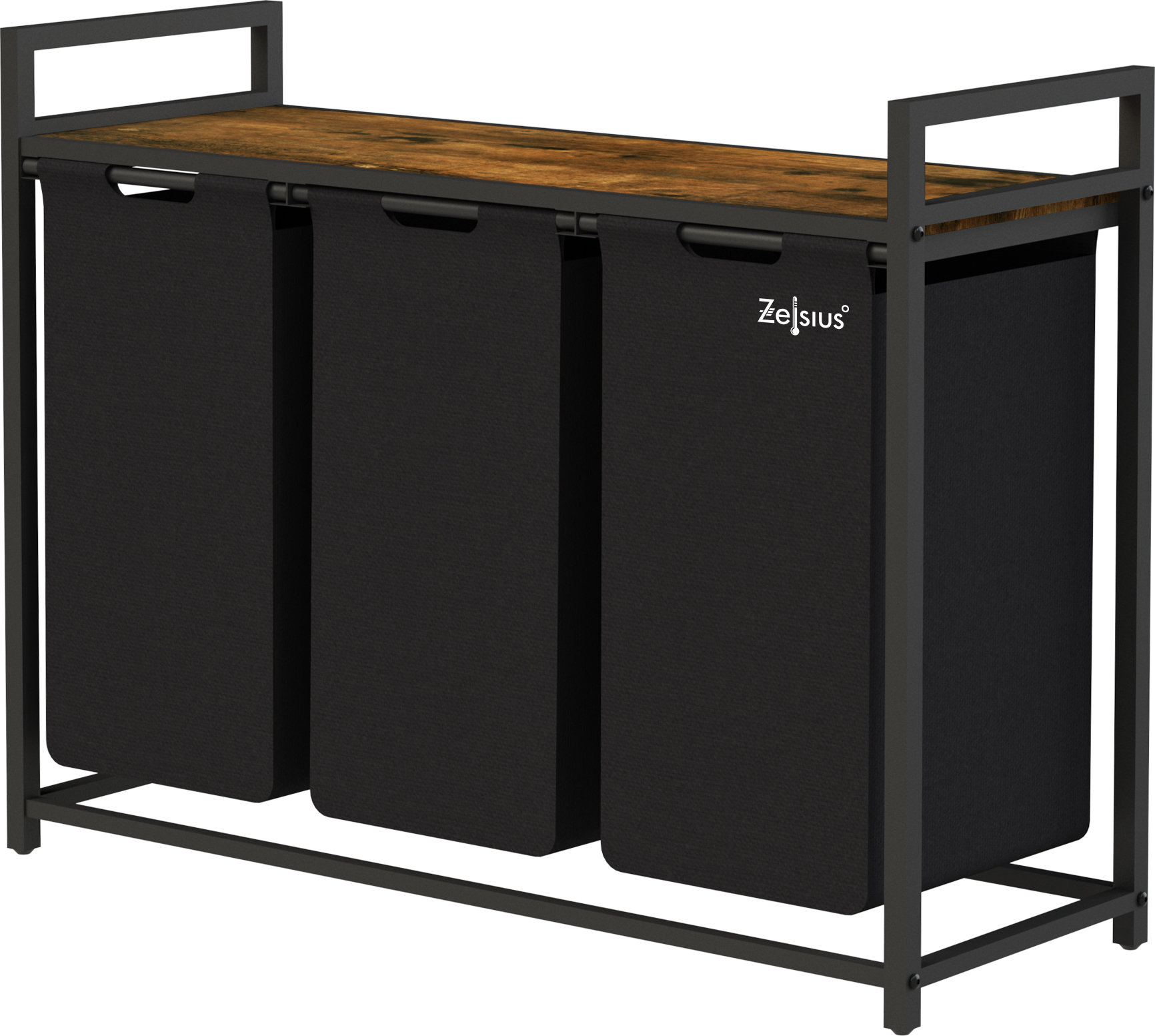Zelsius kosz na pranie z 3 przegrodami, czarny, 92,5x33x72 cm, kosz na pranie z półką, kosz na pranie