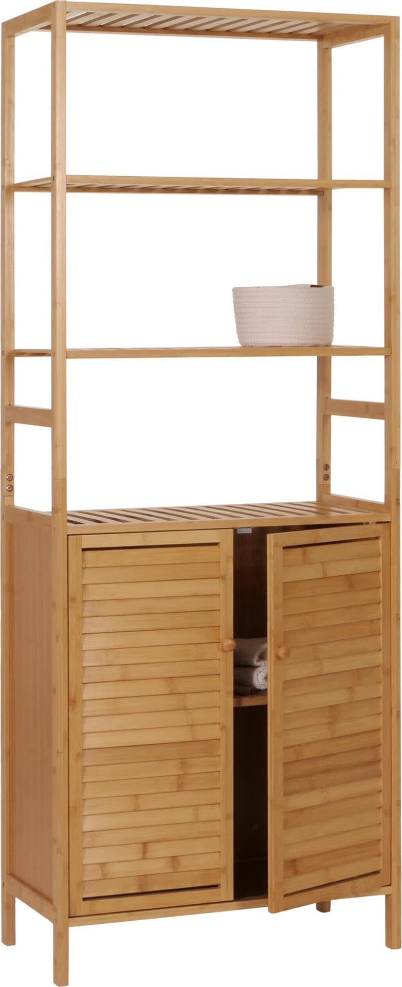 Szafka wysoka HWC-B18, szafka łazienkowa półka szafka półka, 2 drzwi 4 półki bambus MDF 168x64x33cm