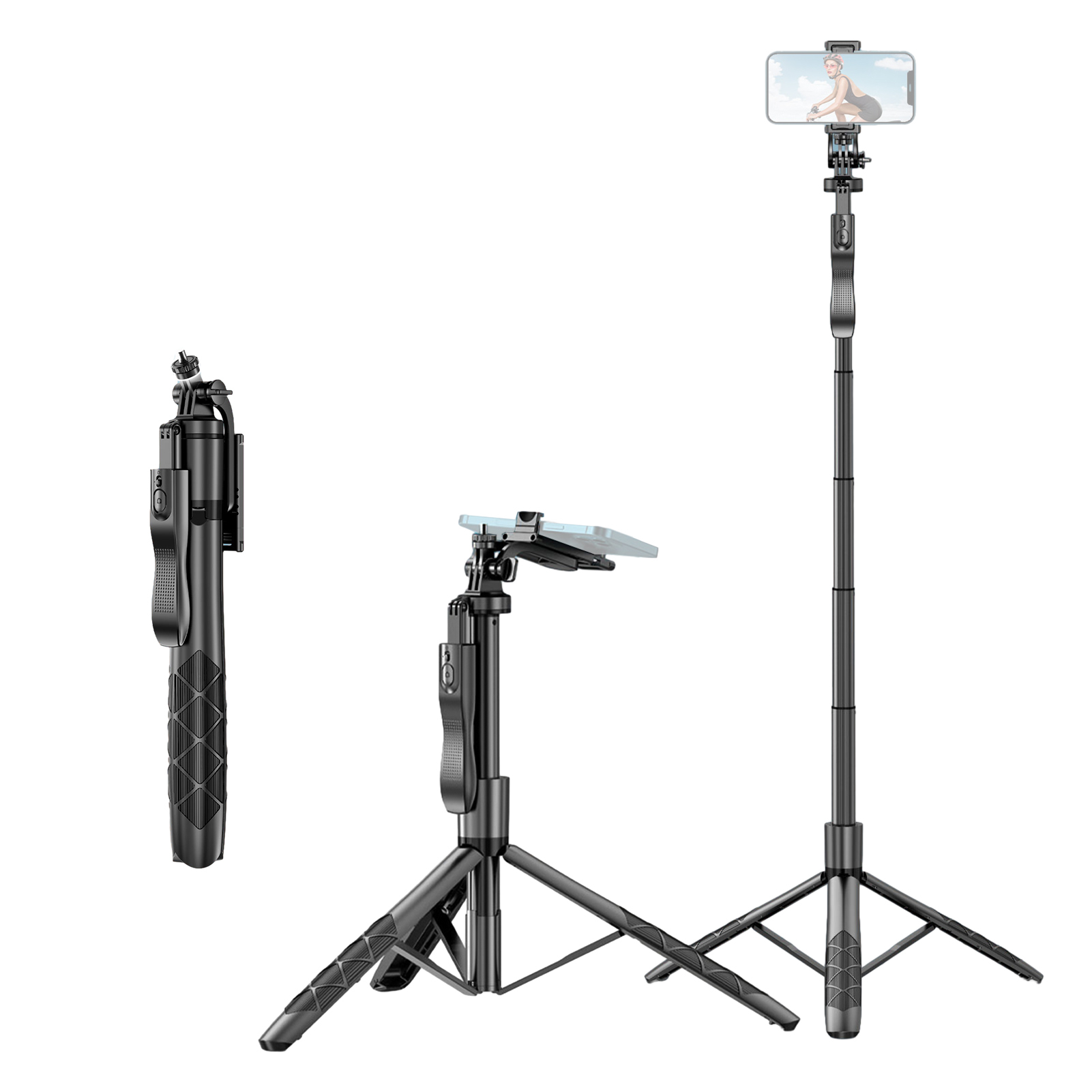 60-calowy wielofunkcyjny statyw biurkowy selfie stick z 6-sekcyjnym drążkiem teleskopowym, obrotową głowicą kulową 360′ã z uchwytem antywstrząsowym, klipsem na telefon, adapterem 1/4 cala i pilotem zdalnego sterowania, kompatybilny z Android 4.4/iOS 5.1