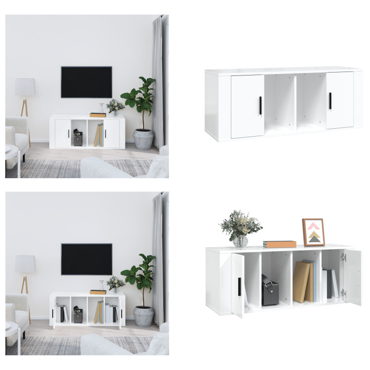 vidaXL Szafka pod TV biały wysoki połysk 100x35x40 cm materiał drewnopochodny - szafka pod TV - szafki pod TV - meble pod TV - stojak pod TV