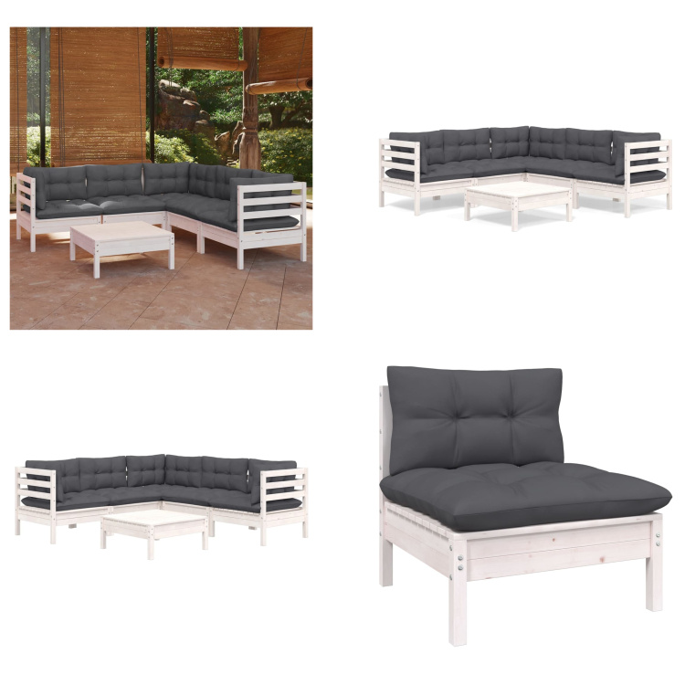 vidaXL 6-częściowy zestaw wypoczynkowy do ogrodu z poduszkami białe lite drewno sosnowe - Zestaw wypoczynkowy do ogrodu - Zestawy wypoczynkowe do ogrodu - Zestaw mebli ogrodowych - Zestawy mebli ogrodowych
