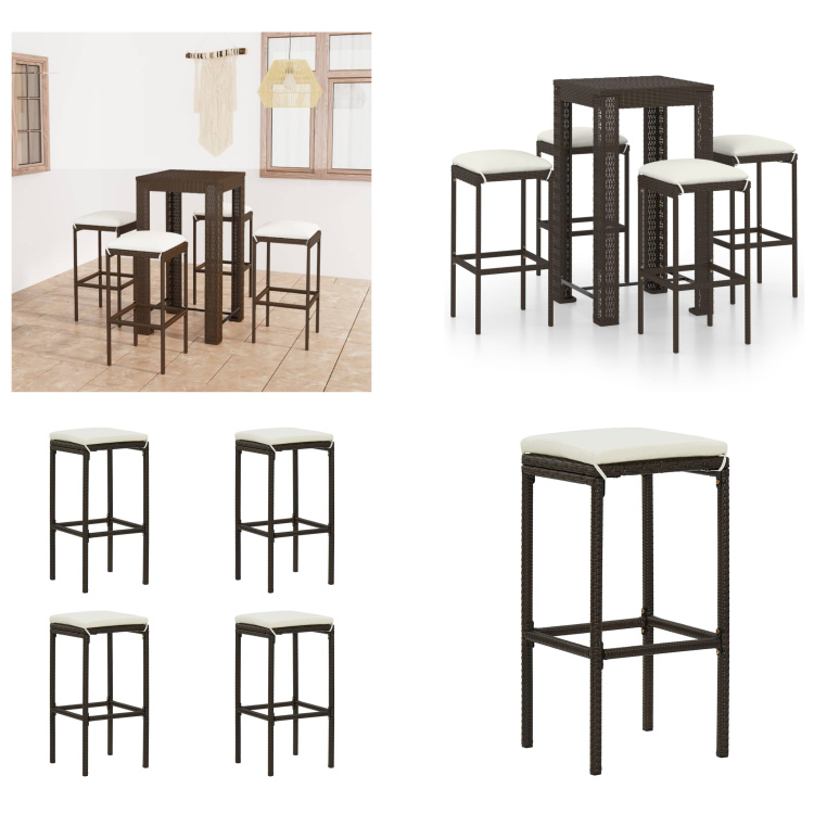 vidaXL 5-częściowy ogrodowy zestaw barowy z poduszkami z polirattanu brązowy - Zestaw barowy - Zestawy barowe - Stół barowy i stołki barowe - Stół barowy