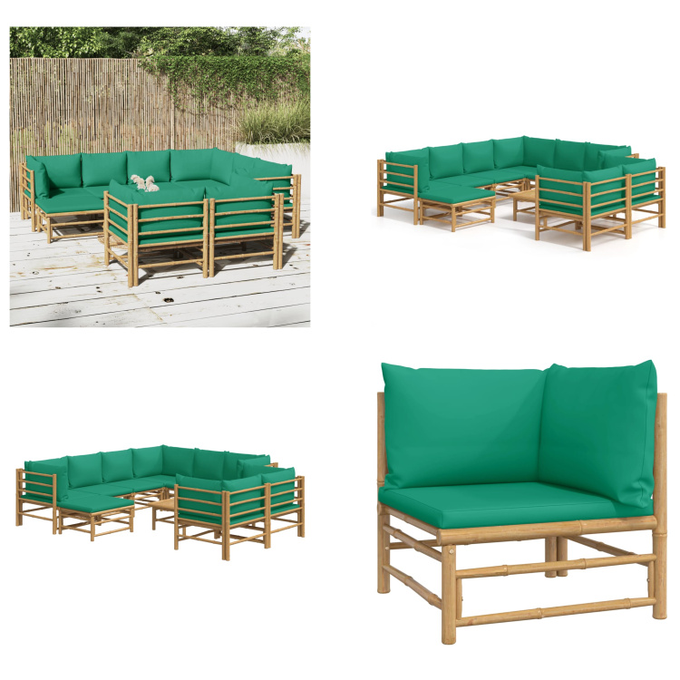 vidaXL 10-częściowy zestaw wypoczynkowy do ogrodu z zielonymi bambusowymi poduszkami - Zestaw wypoczynkowy do ogrodu - Zestawy wypoczynkowe do ogrodu - Zestaw wypoczynkowy - Zestaw mebli ogrodowych