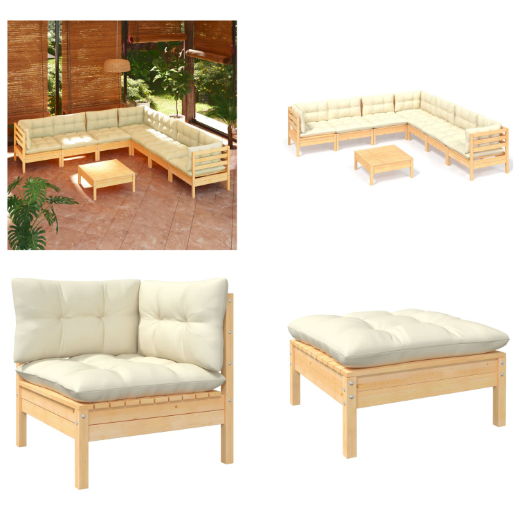 vidaXL 8-częściowy zestaw wypoczynkowy do ogrodu z kremowymi poduszkami z litego drewna sosnowego - Zestaw wypoczynkowy do ogrodu - Zestawy wypoczynkowe do ogrodu - Zestawy mebli ogrodowych - Zestawy mebli ogrodowych