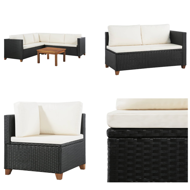 vidaXL 4-częściowy zestaw wypoczynkowy do ogrodu z poduszkami z czarnego rattanu - Zestaw sof ogrodowych - Zestawy sof ogrodowych - Zestawy sof ogrodowych - Zestawy sof ogrodowych