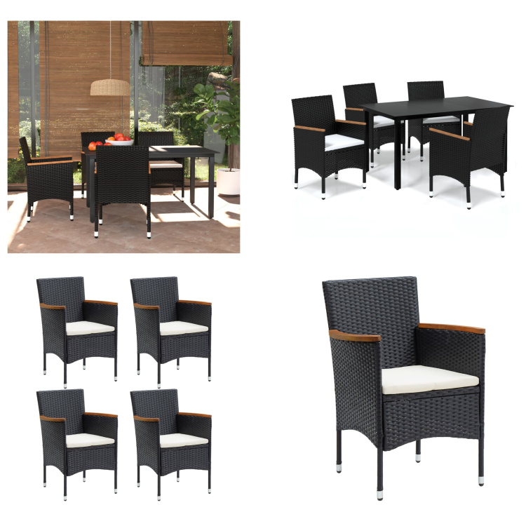 vidaXL 5-częściowy ogrodowy zestaw do jadalni z poduszkami z czarnego rattanu - Zestaw do jadalni - Zestawy do jadalni - Ogrodowy zestaw do jadalni - Ogrodowe zestawy do jadalni