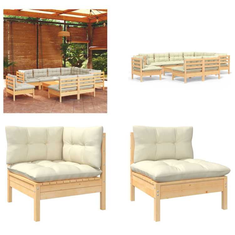vidaXL 10-częściowy zestaw wypoczynkowy do ogrodu z kremowymi poduszkami z litego drewna sosnowego - Zestaw wypoczynkowy do ogrodu - Zestawy wypoczynkowe do ogrodu - Zestawy mebli ogrodowych - Zestawy mebli ogrodowych