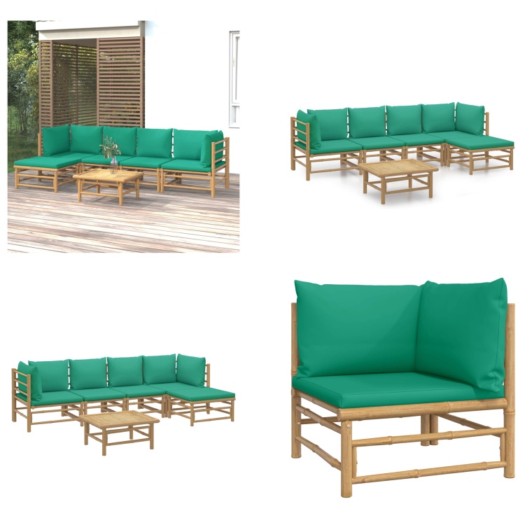 vidaXL 6-częściowy zestaw wypoczynkowy do ogrodu z zielonymi bambusowymi poduszkami - Zestaw wypoczynkowy do ogrodu - Zestawy wypoczynkowe do ogrodu - Zestaw wypoczynkowy - Zestaw mebli ogrodowych