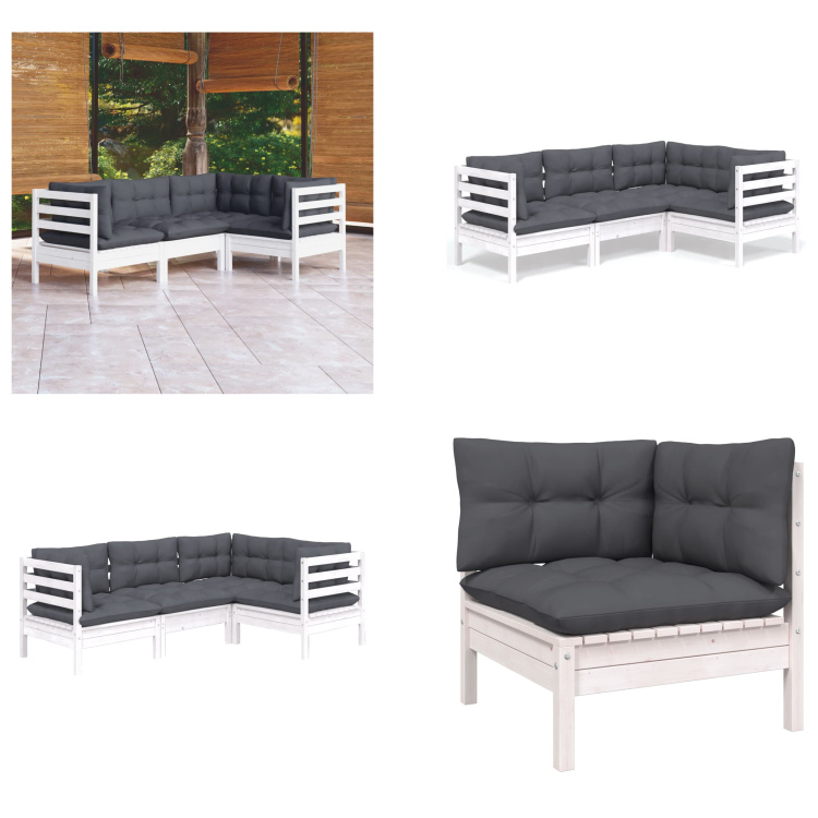 vidaXL 4-częściowy zestaw wypoczynkowy do ogrodu z poduszkami białe drewno sosnowe - Zestaw wypoczynkowy do ogrodu - Zestawy wypoczynkowe do ogrodu - Zestaw mebli ogrodowych - Zestawy mebli ogrodowych