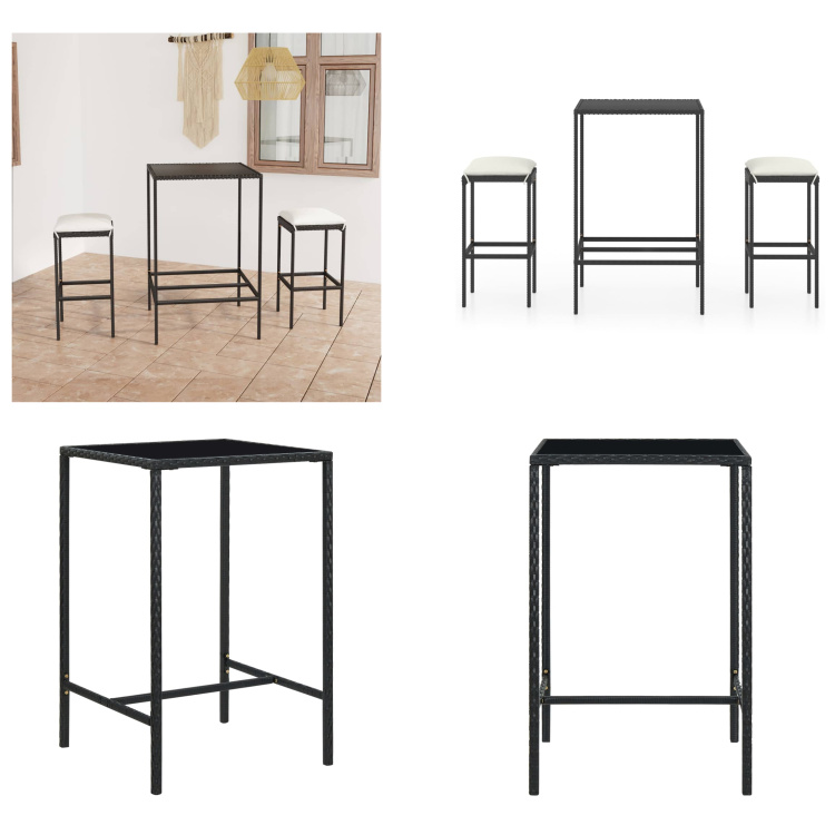 vidaXL 3-częściowy ogrodowy zestaw barowy z poduszkami z czarnego rattanu - Zestaw barowy - Zestawy barowe - Stół barowy i stołki barowe - Stół barowy