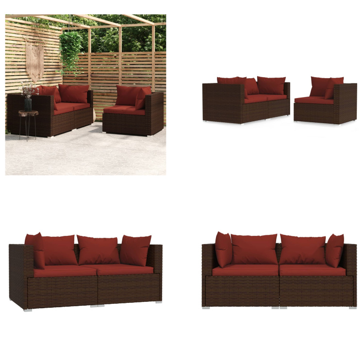 vidaXL 3-częściowy zestaw wypoczynkowy do ogrodu z poduszkami brązowy rattan - zestaw wypoczynkowy do ogrodu - zestawy wypoczynkowe do ogrodu - sofa i stolik - zestaw wypoczynkowy na patio