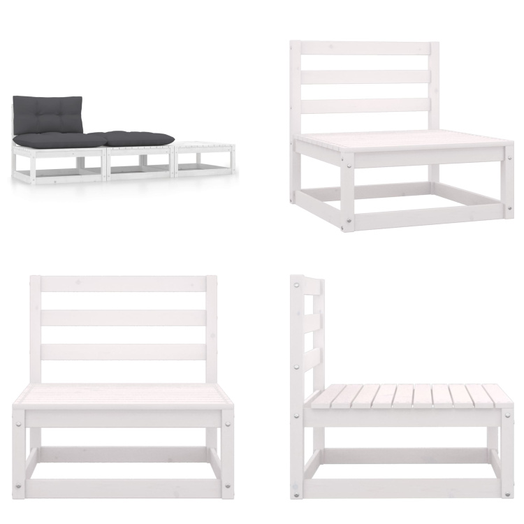 vidaXL 3-częściowy zestaw wypoczynkowy do ogrodu z poduszkami biała lita sosna - Zestaw wypoczynkowy do ogrodu - Zestawy wypoczynkowe do ogrodu - Drewniane meble wypoczynkowe - Drewniane meble ogrodowe