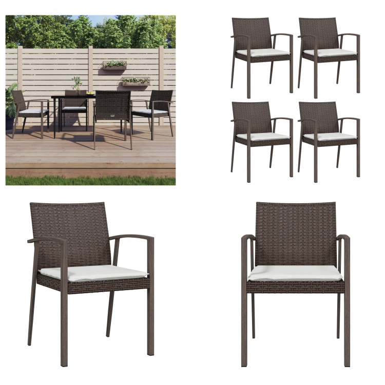 vidaXL Krzesła ogrodowe z poduszką 4 szt. Brązowy 56,5x57x83 cm Poly Rattan - Krzesło ogrodowe - Krzesła ogrodowe - Krzesło Patio - Krzesło Outdoor