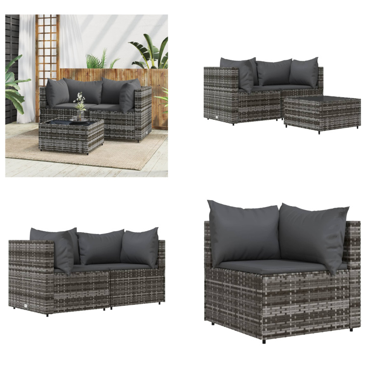 vidaXL 3-częściowy zestaw wypoczynkowy do ogrodu z poduszkami z szarego polirattanu - Zestaw wypoczynkowy do ogrodu - Zestawy wypoczynkowe do ogrodu - Zestaw wypoczynkowy na zewnątrz - Zestaw wypoczynkowy na taras