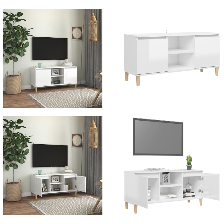 vidaXL Szafka pod TV z nogami z litego drewna, wysoki połysk, biała 103,5x35x50 cm - Szafka pod TV - Szafki pod TV - Kredens - Kredensy