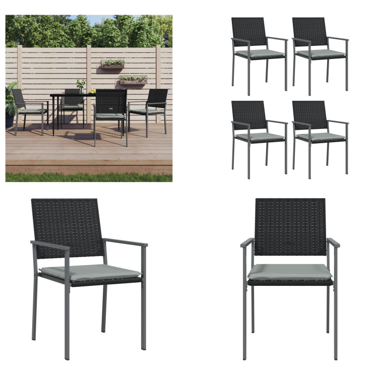vidaXL Krzesła ogrodowe z poduszkami 4 szt. czarny 54x62,5x89cm polirattan - krzesło ogrodowe - krzesła ogrodowe - krzesło patio - krzesło zewnętrzne