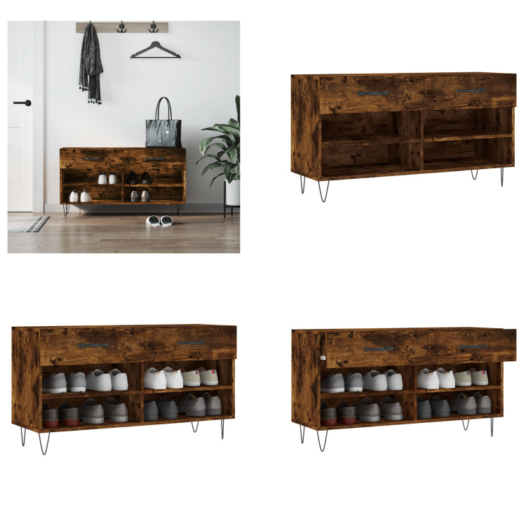 vidaXL Ławka na buty dąb wędzony 102x35x55 cm materiał drewnopochodny - Ławka na buty - Ławki na buty - Ławka z miejscem do przechowywania - Stojak na buty