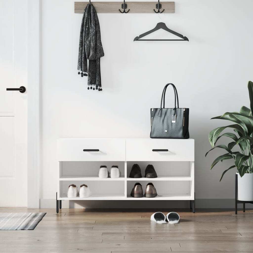 vidaXL Ławka na buty biała 102x35x55 cm Materiał drewnopochodny - Ławka na buty - Ławki na buty - Ławka z miejscem do przechowywania - Stojak na buty