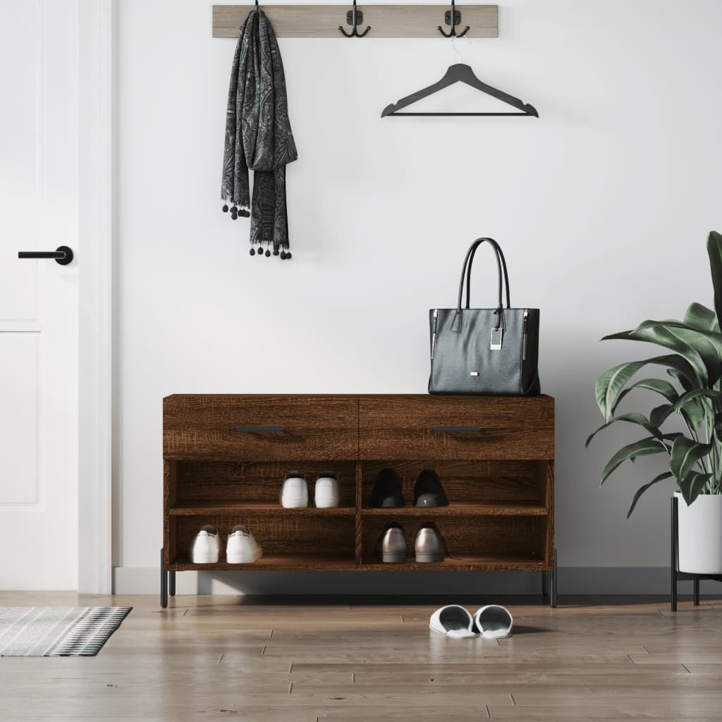 vidaXL Ławka na buty dąb brązowy 102x35x55 cm materiał drewnopochodny - Ławka na buty - Ławki na buty - Ławka z miejscem do przechowywania - Stojak na buty