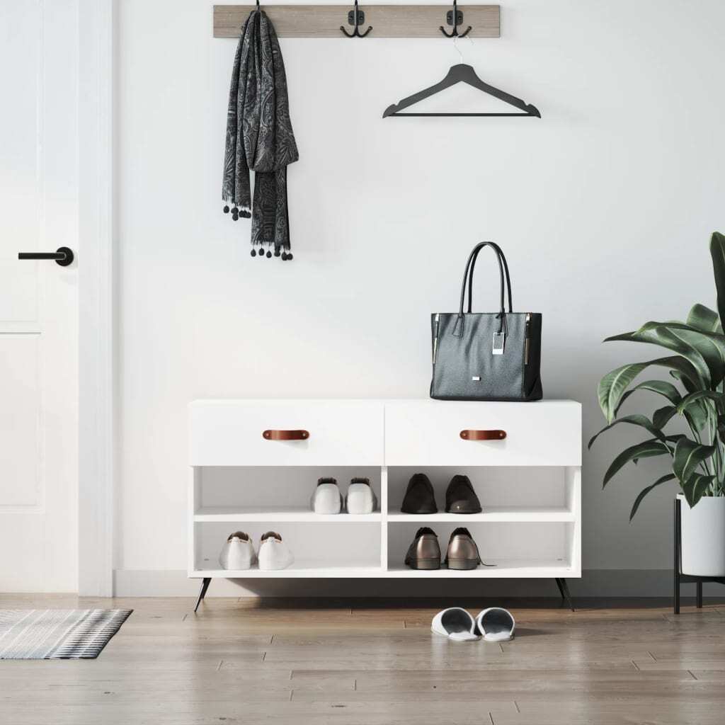 vidaXL Ławka na buty biała 102x35x55 cm Materiał drewnopochodny - Ławka na buty - Ławki na buty - Ławka z miejscem do przechowywania - Stojak na buty