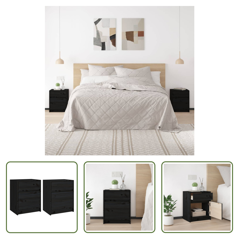 The Living Store Szafki nocne 2 szt. czarne 40x31x50 cm lite drewno sosnowe