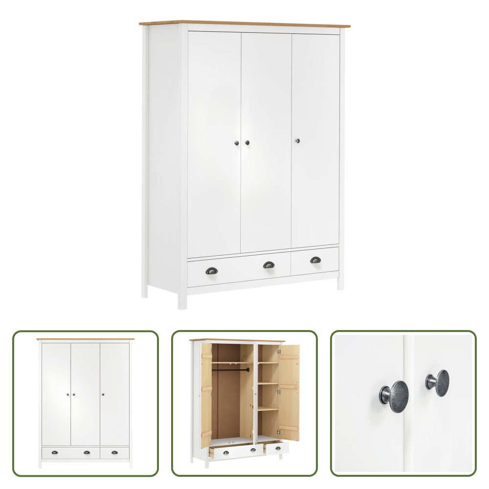 The Living Store Szafa z 3 drzwiami Hill White 127x50x170 cm drewno sosnowe