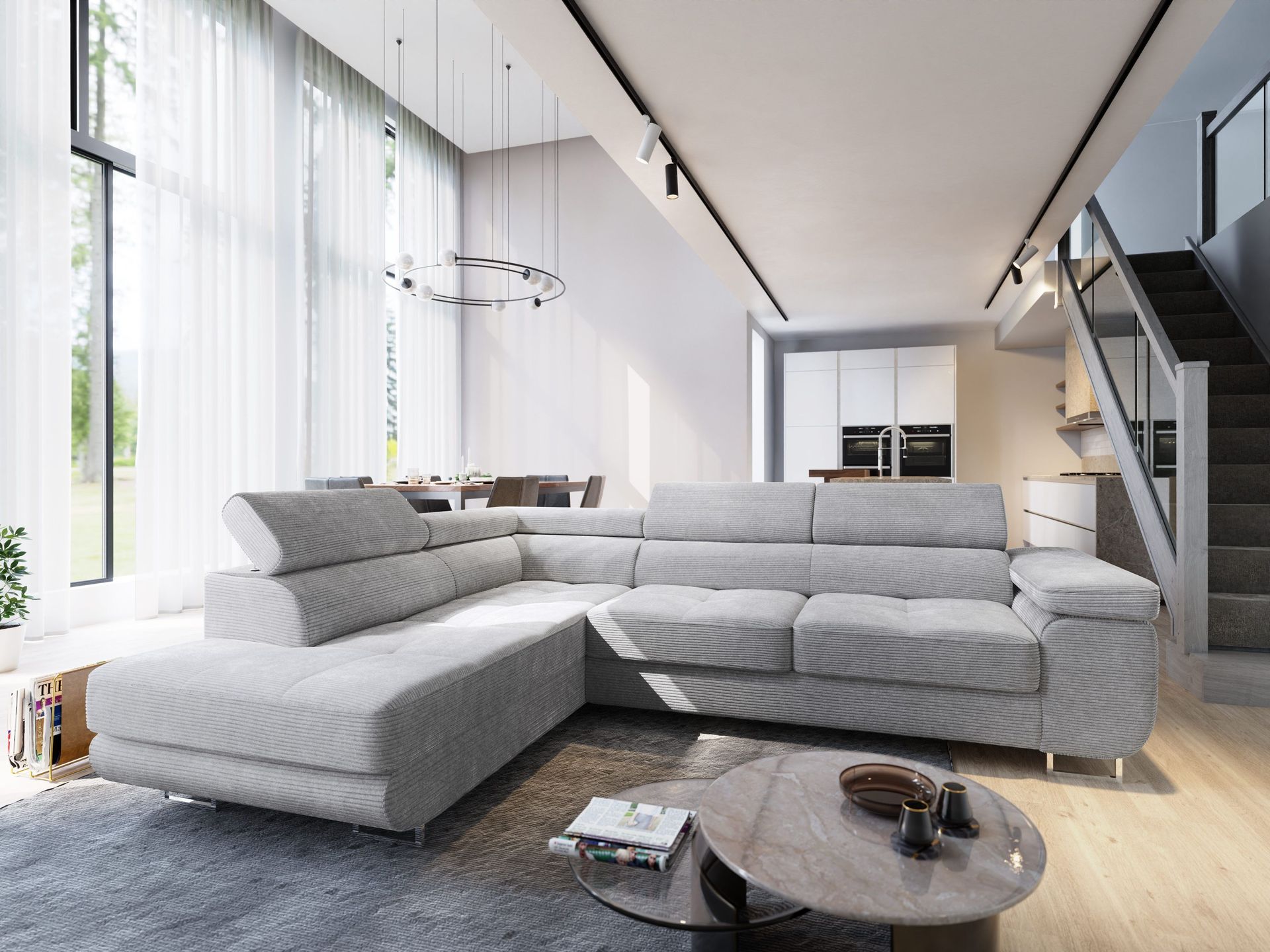 Masseno Narożnik APIRO L-S z funkcją spania i pojemnikiem na pościel Kształt L, Rozkładana sofa, Rogówka - Jasnoszary, POSO 55